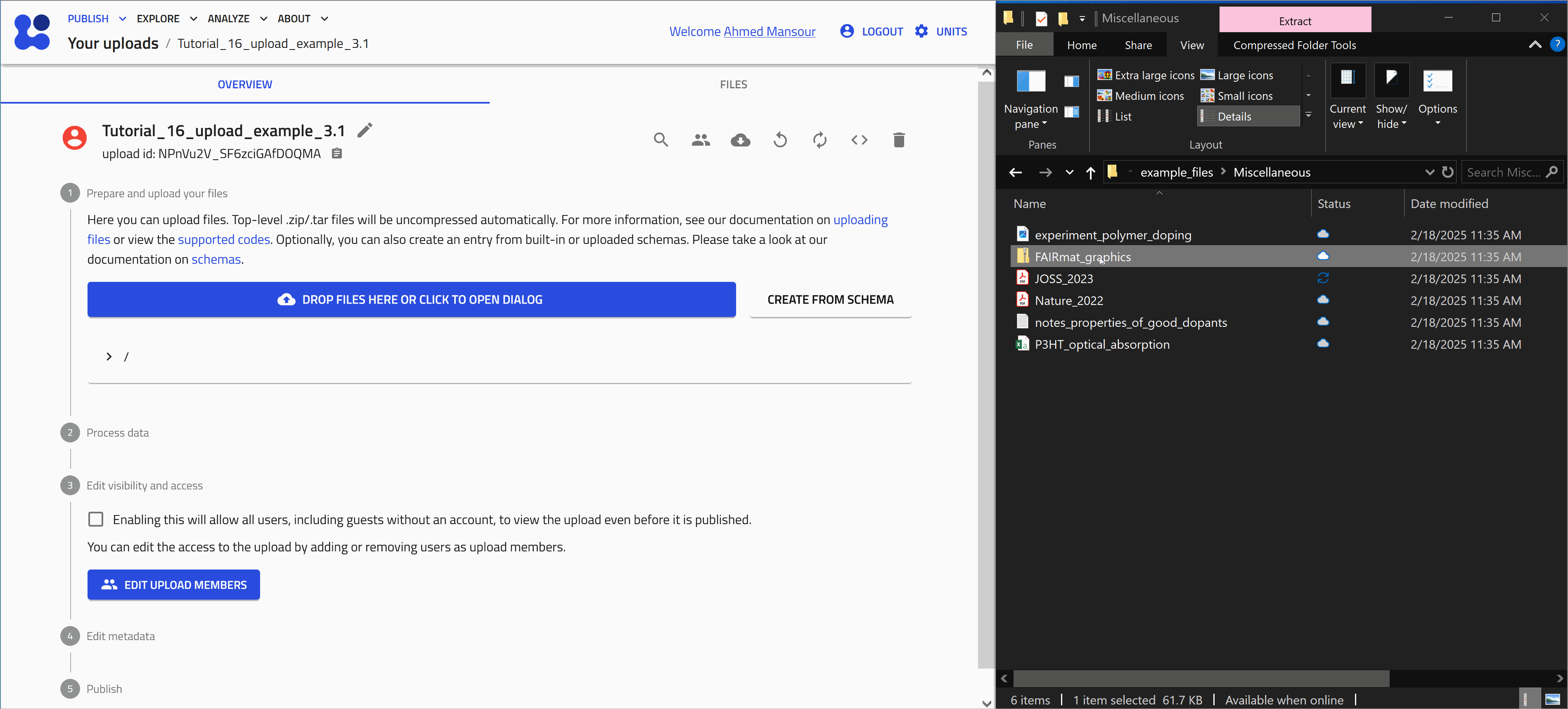 An animatation demonstrating the drag-and-drop files in NOMAD 