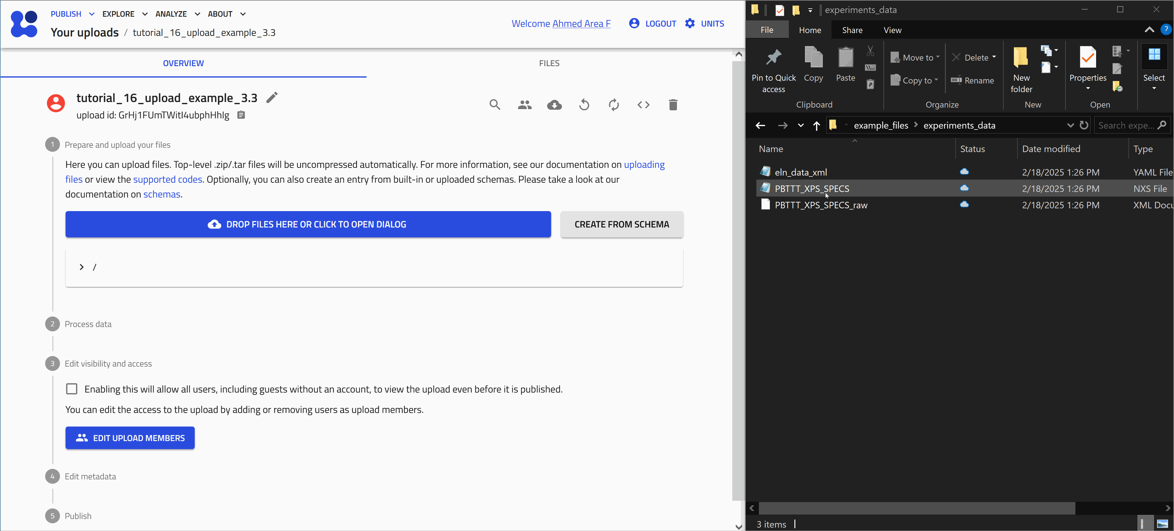 An animatation demonstrating the drag-and-drop of NeXuS files in NOMAD