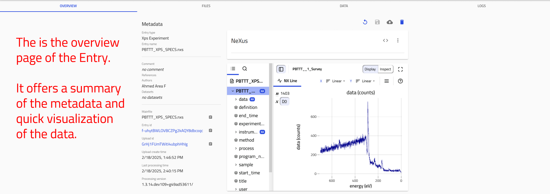 screenshot of the NeXuS entry overview page