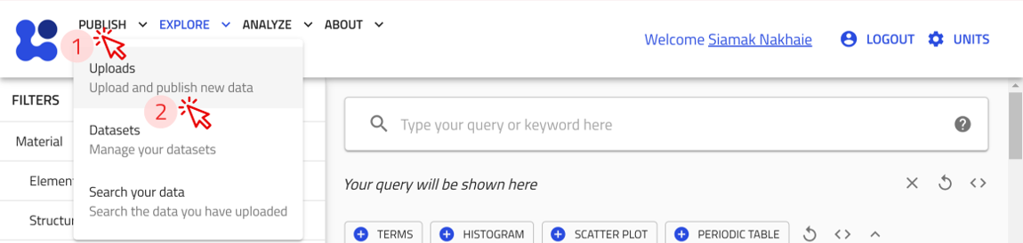 Navigate to "Your uploads" page by hovering over the Publish menu, then clicking on uploads