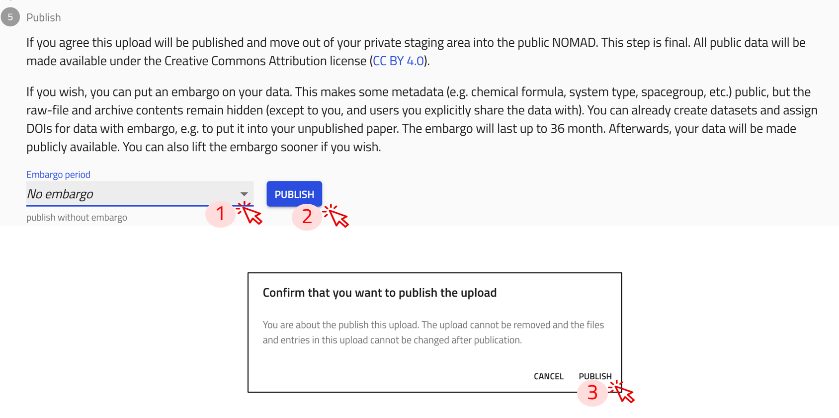 screenshots of the steps to publish an upload