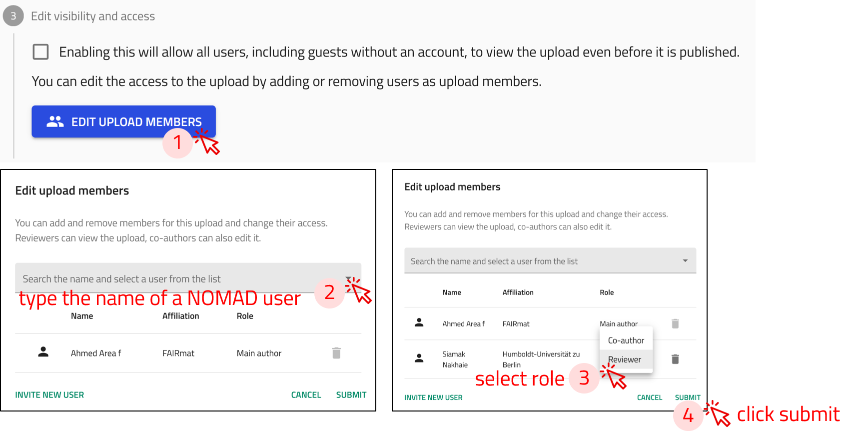 screenshots of the steps of sharing your upload