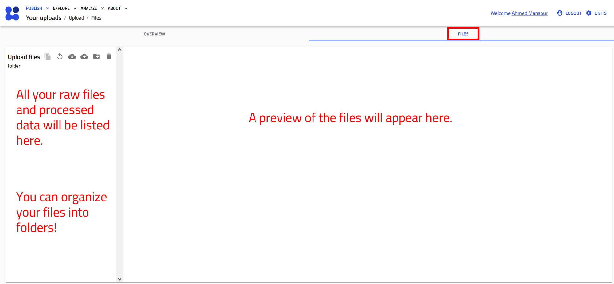A screenshot of the uploads files page