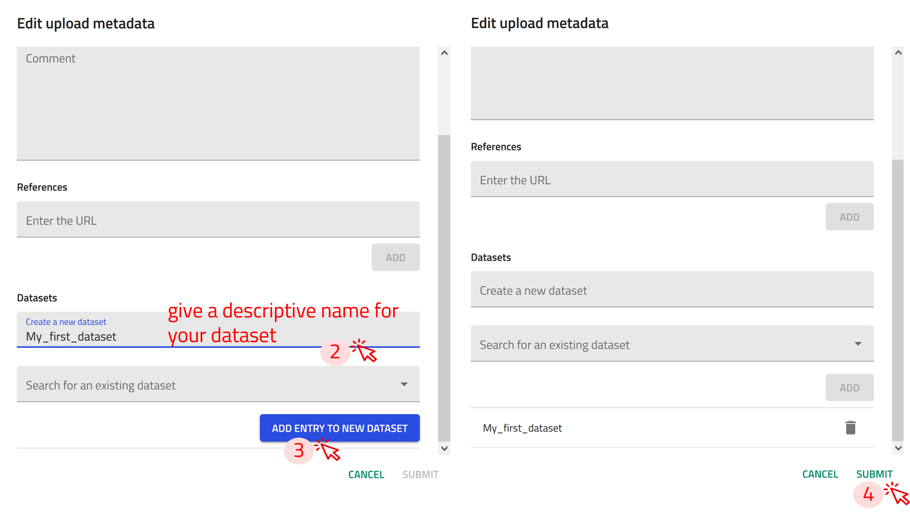 Screenshot of steps 2 - 4 of creating dataset