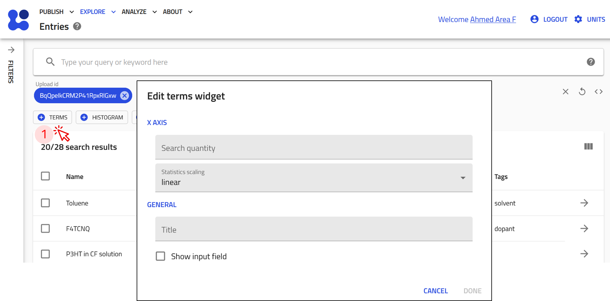 Screenshot of the Edit terms widget menu