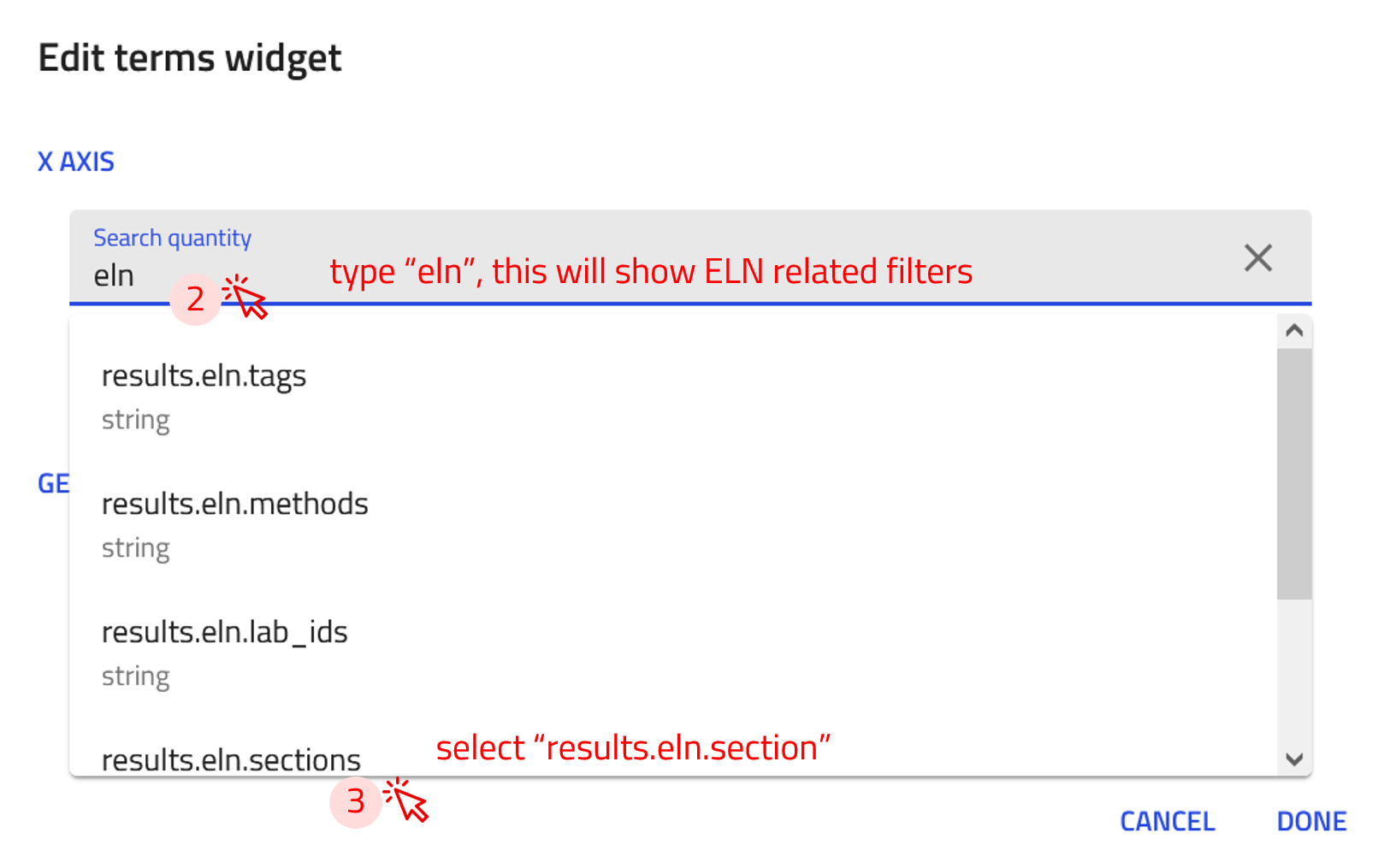 Screenshot of selecting results.eln.sections filter
