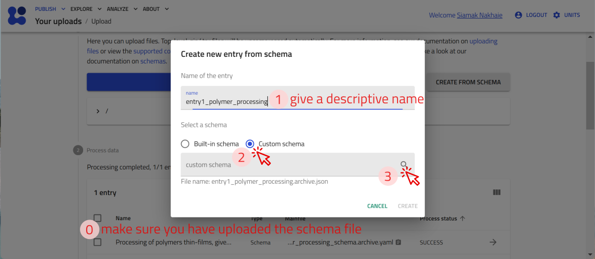 upload custom schema create entry