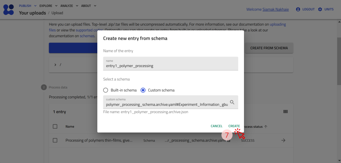 upload custom schema create entry