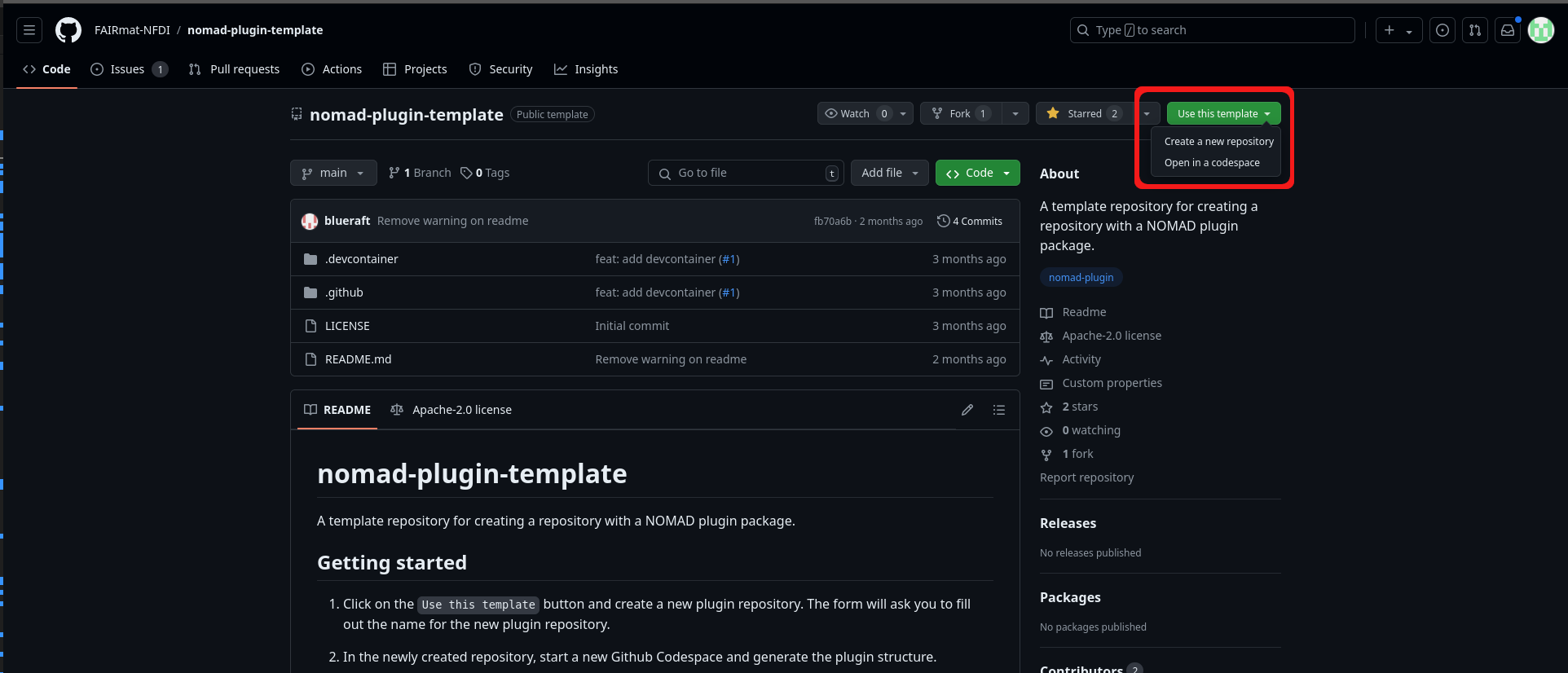 Overview of the GitHub repository page `nomad-plugin-template` with the 'Use this template' button highlighted in red.