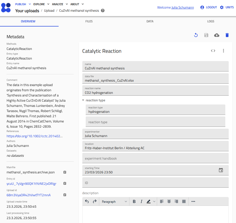 Screenshot of a reaction measurement entry in the NOMAD GUI