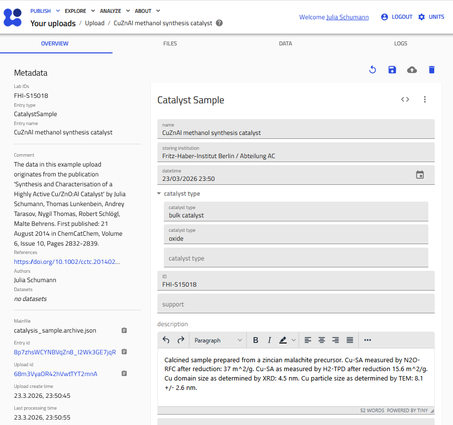 Screenshot of a sample entry in the NOMAD GUI