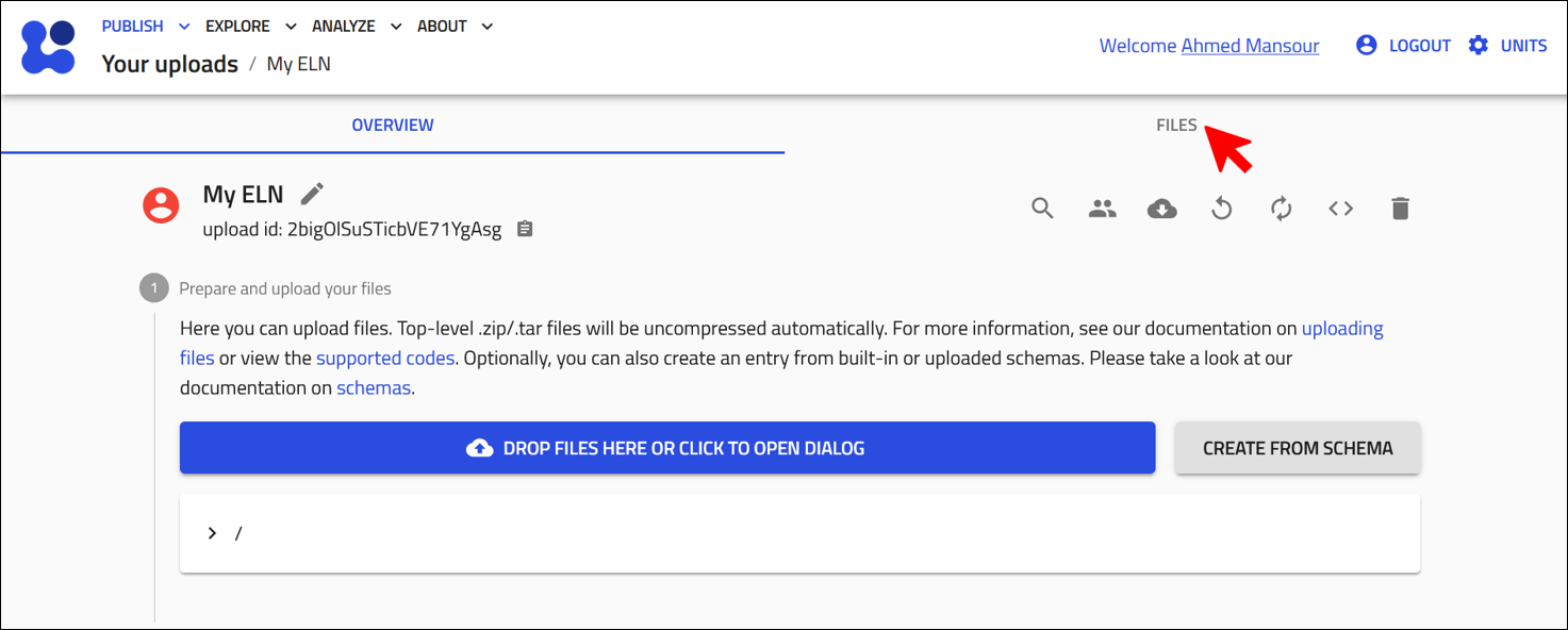 Navigating to files in the upload