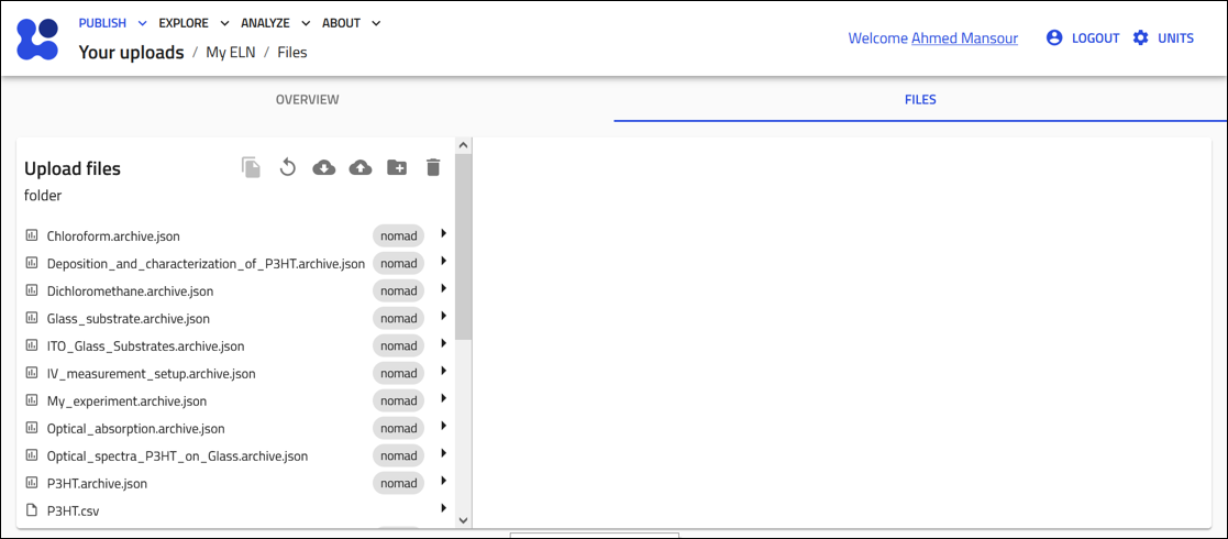 Screenshot of the landing page of the files tab in NOMAD